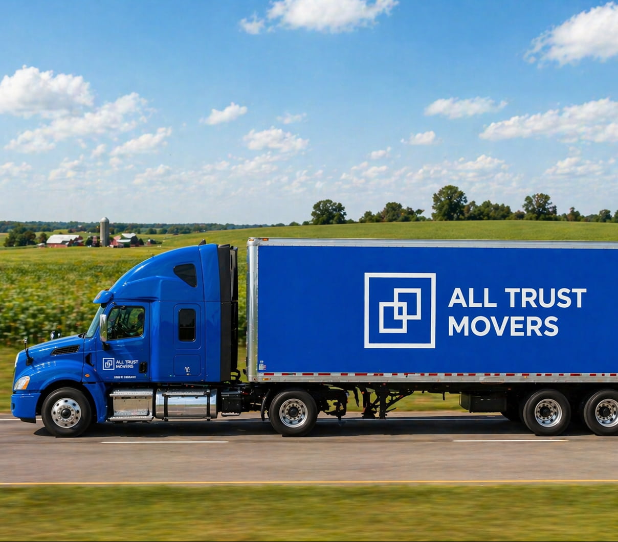 Moving truck on a highway, american field view