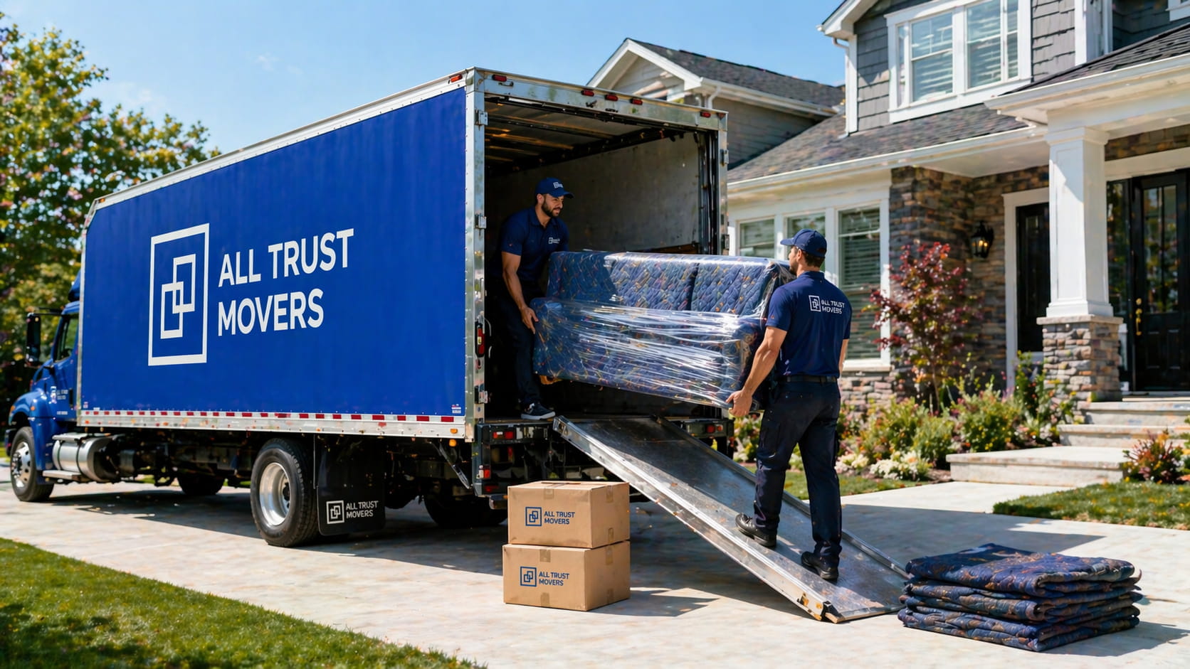 All Trust Movers load truck near house